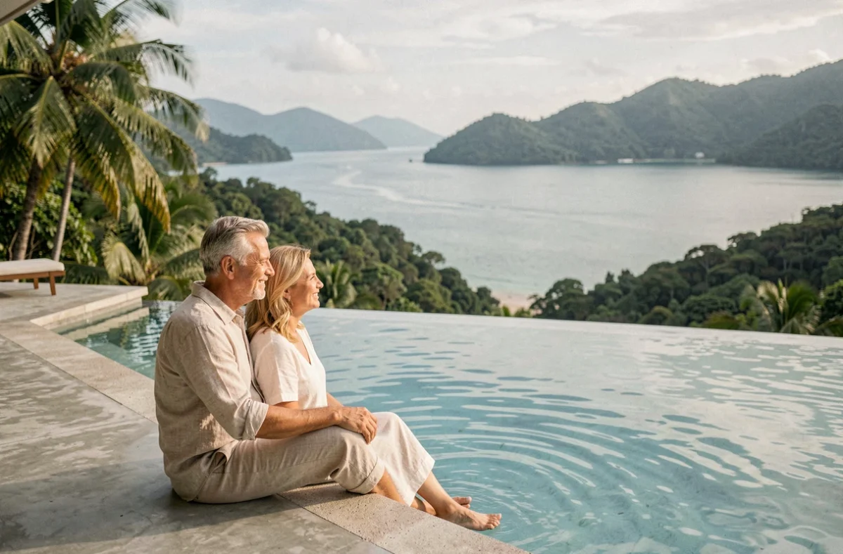 Couple de retraités profitant d'une villa de luxe avec piscine à débordement à Koh Samui en Thaïlande