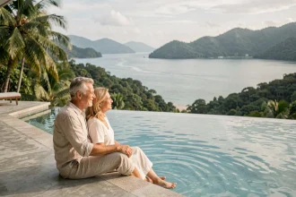 Couple de retraités profitant d'une villa de luxe avec piscine à débordement à Koh Samui en Thaïlande