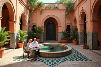 Couple consultant des documents immobiliers dans le patio traditionnel d'une villa à Marrakech avec fontaine et zellige