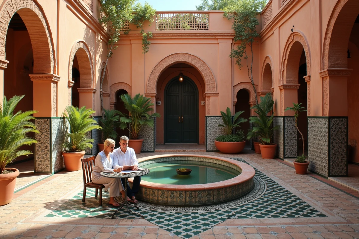 Couple consultant des documents immobiliers dans le patio traditionnel d'une villa à Marrakech avec fontaine et zellige