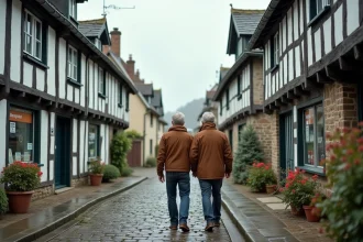 Couple se promenant dans un village normand côtier avec maisons à colombages et agence immobilière, illustrant l'achat d'une maison en bord de mer en Normandie