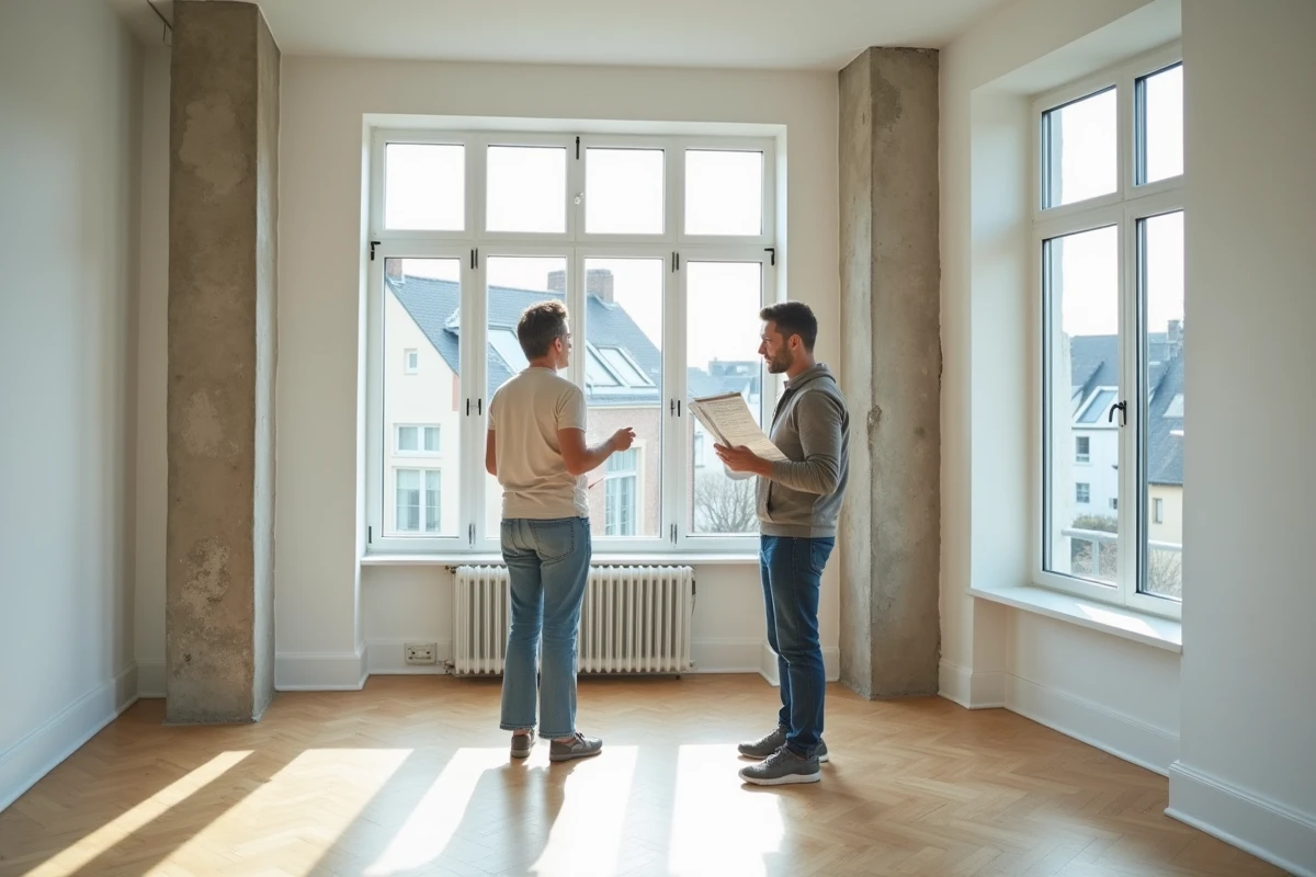 Couple visitant un appartement vide à louer au Havre avec vue sur la rue