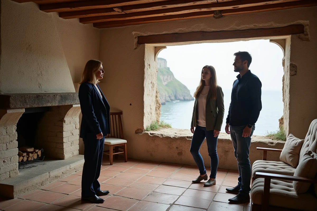 Agent immobilier présentant une maison normande en bord de mer à un jeune couple, intérieur avec poutres apparentes et vue sur les falaises normandes