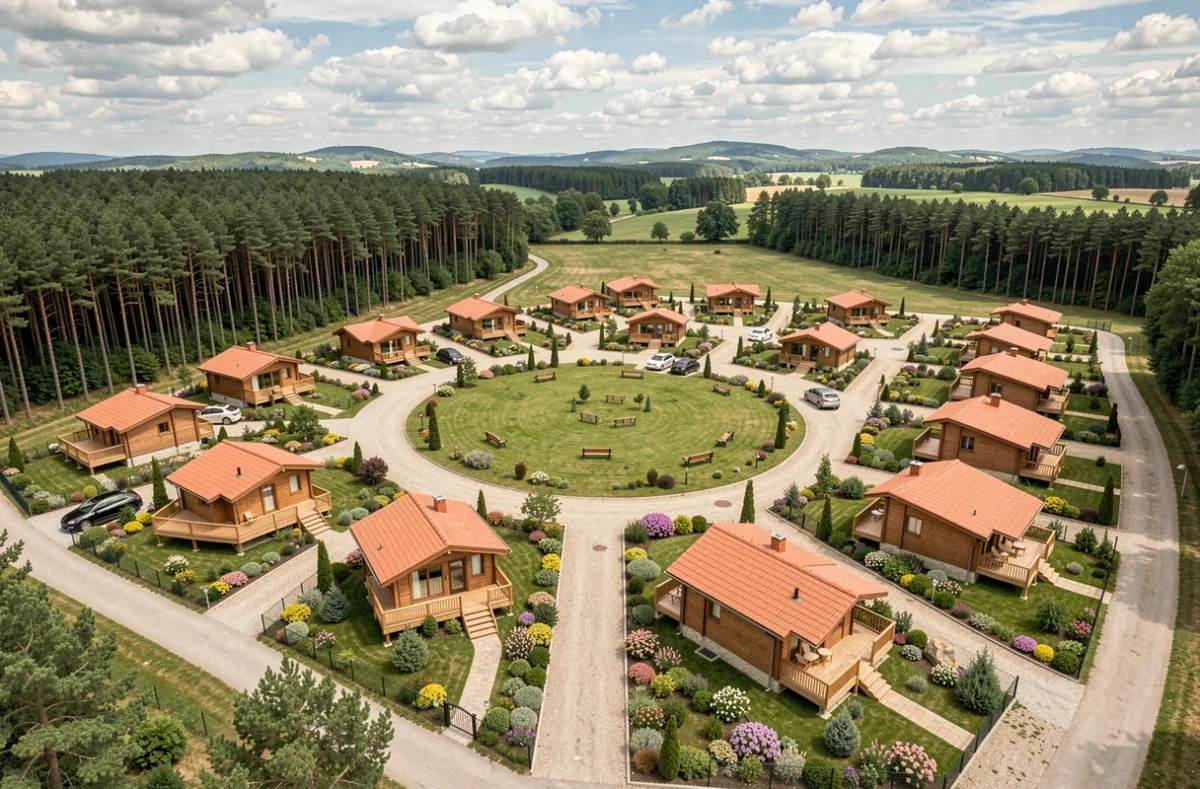 Vue aérienne d'un parc résidentiel de loisirs avec parcelles aménagées et chalets pour estimer la valeur foncière