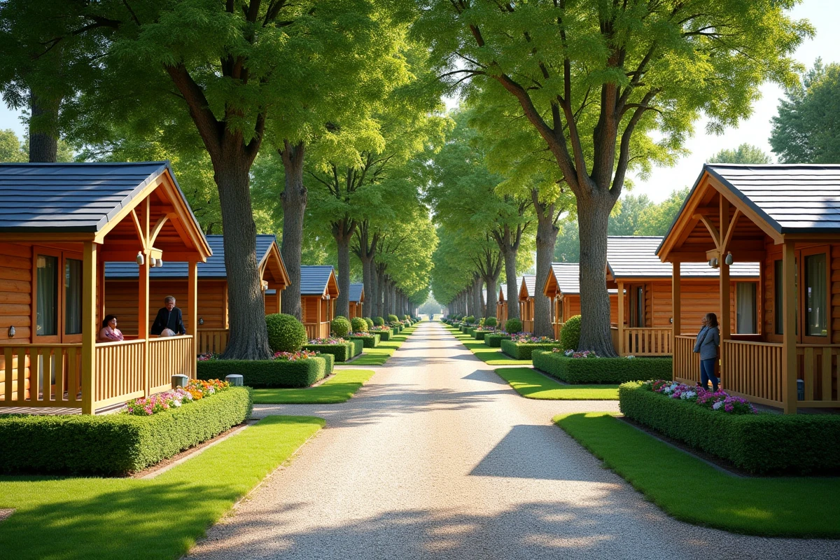 Vue panoramique d'un parc résidentiel de loisirs en Vendée avec rangée de chalets et jardins privatifs