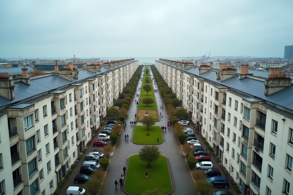 Vue aérienne d'un quartier résidentiel du Havre avec immeubles en béton et rues alignées